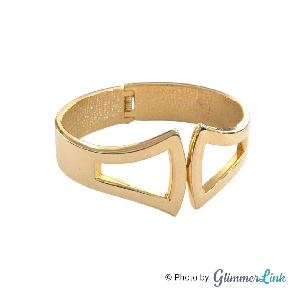 Vintage Modernist Gold Tone Statement Bracelet Geometric Hinged Bangle 6 3/4"